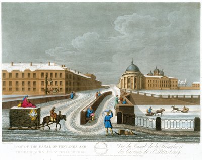 Vista del Canal de Fontanka y los Cuarteles, ilustración para noviembre de Un Año en San Petersburgo grabado por John H. Clark, coloreado por M. Dubourg. pub. 1815 en Londres por Edward Orme de Mornay
