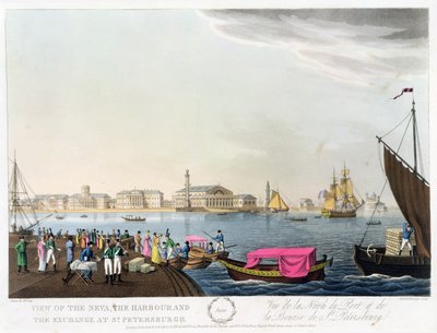 Vista del Neva, el puerto y la bolsa en San Petersburgo, ilustración para junio de 