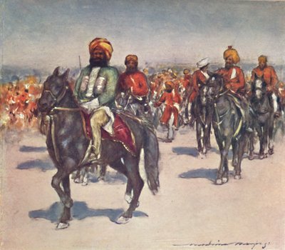 Jinetes nativos en la revisión de retenedores nativos, 1903 de Mortimer L Menpes
