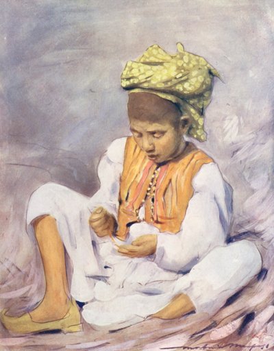 Niños del mundo: India, Enhebrar cuentas (litografía en color) de Mortimer Ludington Menpes