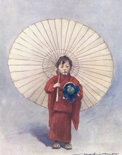 Niños del Mundo: Japonés, su primer paraguas (litografía en color) de Mortimer Ludington Menpes