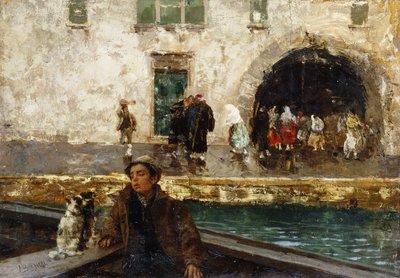 Un niño en un bote en un canal de Mose Bianchi