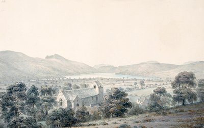 Vista de Bala Pool, Llyntagit, desde arriba de la iglesia de Llanfawr, Meirionethshire de Moses Griffith