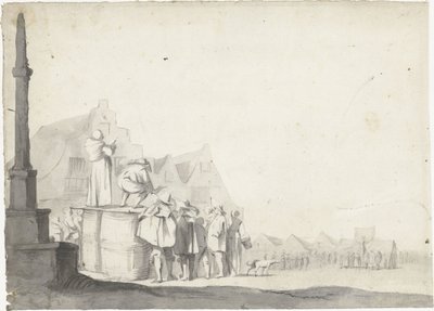 Plaza del mercado con locutor en un barril de Moses ter Borch (possibly)