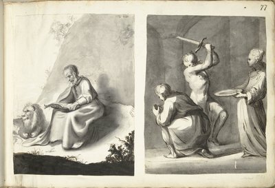 San Jerónimo en el desierto y decapitación de Juan Bautista de Moses ter Borch (signed by artist)