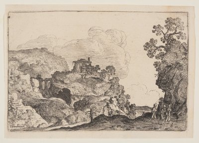 Paisaje rocoso con tres viajeros de Moses van Uyttenbroeck