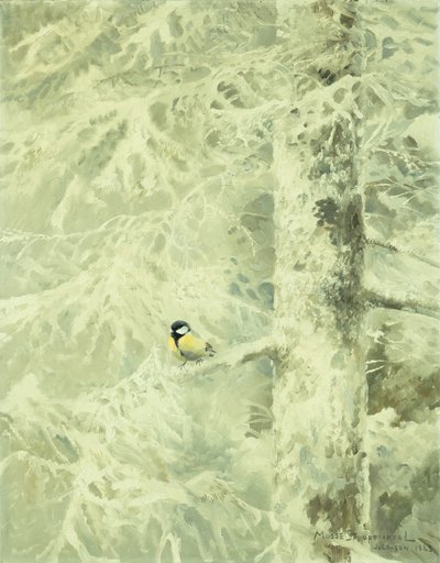 Jilguero en un árbol cubierto de nieve de Mosse Stoopendaal