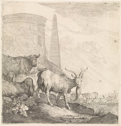 Cabras y vacas junto a una torre redonda con un obelisco Animales de cuatro patas (título de la serie) de Moyses van Wtenbrouck