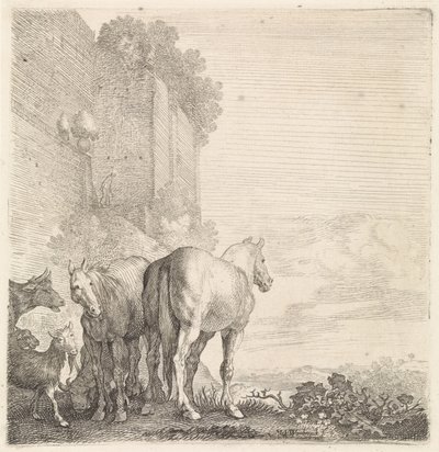 Dos caballos con cabras y una vaca en una pared alta (de la ciudad) Animales de cuatro patas (título de la serie) de Moyses van Wtenbrouck