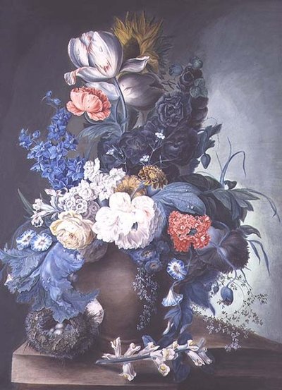 Grupo de flores en un jarrón y nido de pájaros de Mrs.Margaret Meen
