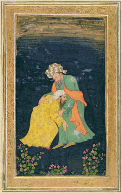 Un mulá inclinándose ante un hombre con vestimenta iraní que lo levanta de su súplica, del Pequeño Álbum Clive de Mughal School