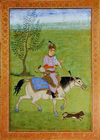 Un príncipe cazando con halcón a caballo, del Gran Álbum Clive de Mughal School