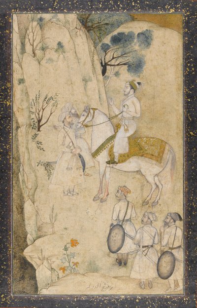 Un príncipe a caballo, con cinco asistentes, observando una cascada de Mughal School