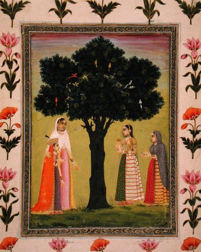 Una princesa con su hijo se encuentra con dos damas que ofrecen regalos, del Pequeño Álbum Clive de Mughal School