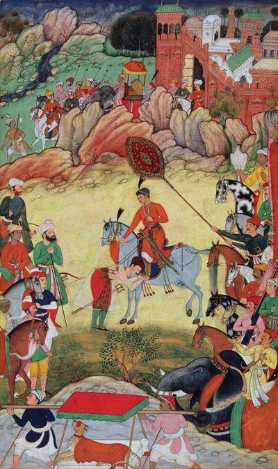 Adham Khan rindiendo homenaje a Akbar en Sarangpur, India Central, en 1560 o 1561, del Akbarnama, 1590-98 de Mughal School