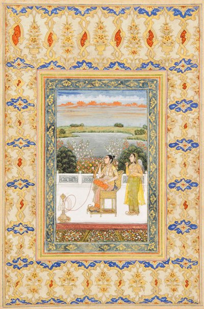 Página de álbum: Gulbadan Begum fumando en una terraza, Delhi, c.1800 de Mughal School
