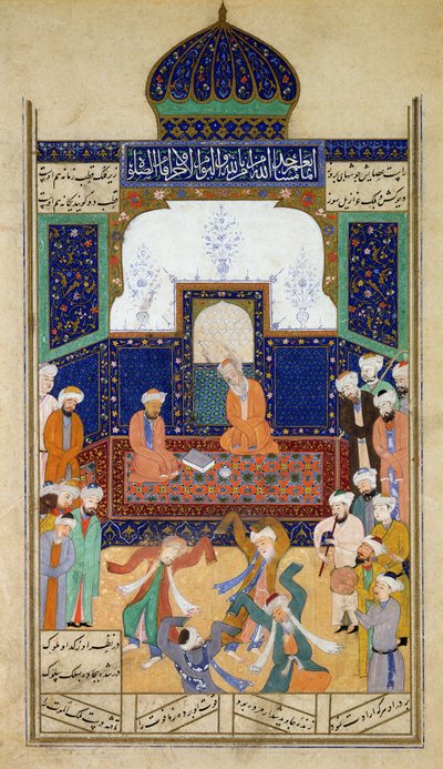 Derviches bailando al son de la música ante su Shaik y un discípulo, del Khamsah del Príncipe Khusrau, Matla al-Anvar, 1485 (890 Hijra) de Mughal School