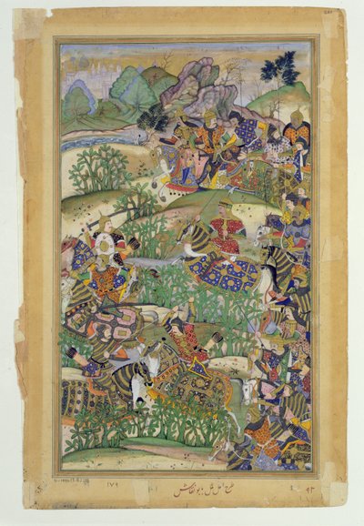 El emperador Akbar en la batalla de Samal en 1572, del Akbarnama hecho por Abul Fazi, 1590-98 de Mughal School