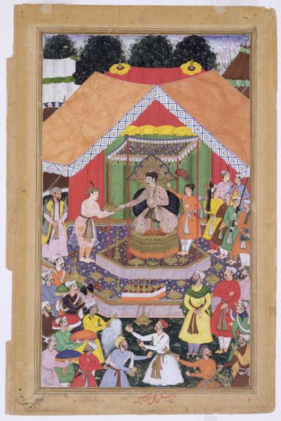 El emperador Akbar entretenido por su hermano de crianza Azim Khan en Dipalpur, Punjab, 1571, del Akbarnama hecho por Abul Fazi, 1590-98 de Mughal School