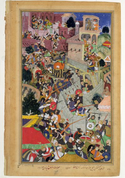 El emperador Akbar dispara a Saimal en el asedio de Chitov en 1567, del Akbarnama hecho por Abul Fazi, 1590-98 de Mughal School
