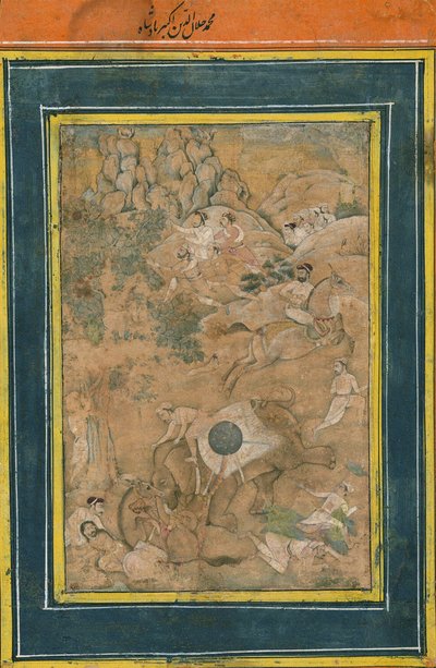 Emperador Akbar controlando un elefante durante una cacería de Mughal School