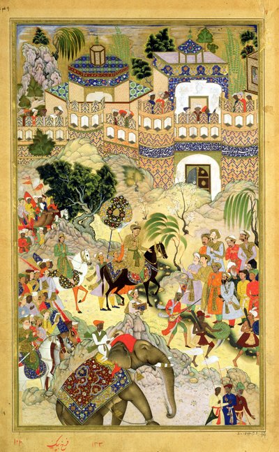 Entrada triunfal del emperador Akbar en Surat, del Akbarnama hecho por Abul Fazi (1515-1602) 1590-98 de Mughal School