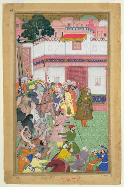 Fatepur Sikiri, 1573: Hasain Quli Khan-l Jahan presentando sus prisioneros al emperador Akbar, del Akbarnama hecho por Abul Fazi, 1590-98 de Mughal School