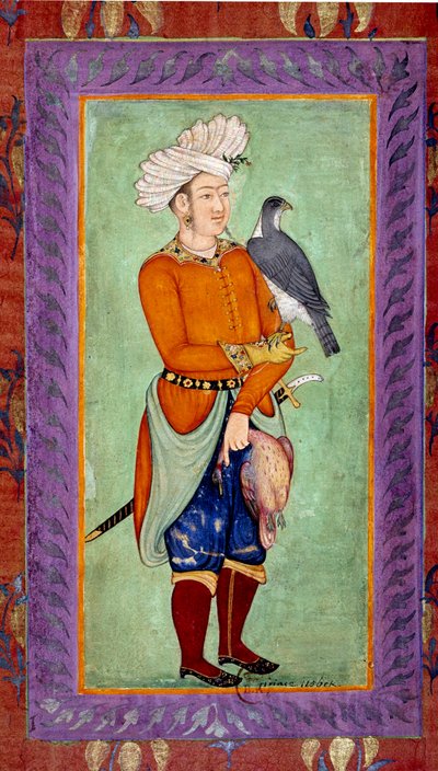 Arte indio: representación de un príncipe uzbeko con un halcón de caza de Mughal School