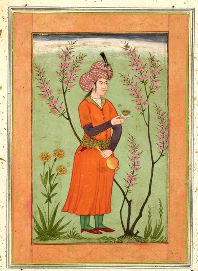 Figura principesca iraní sosteniendo una copa y un frasco, c.1640, del Gran Álbum Clive de Mughal School