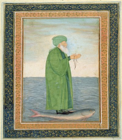 Khawa Khizir Khan montando un pez, del Pequeño Álbum Clive de Mughal School