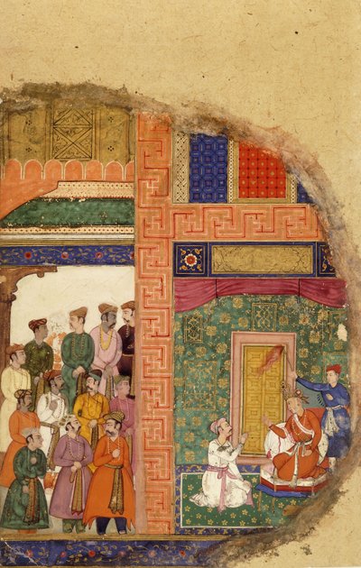 El rey Dasaratha conversando con el sacerdote familiar sobre la regencia de Rama dentro del palacio, mientras cortesanos y ministros esperan en el patio, c.1595 de Mughal School