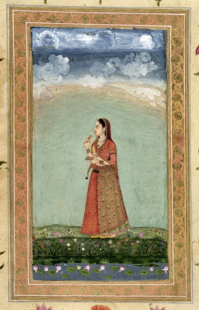 Dama sosteniendo un cuenco de rosas, del Pequeño Álbum Clive de Mughal School