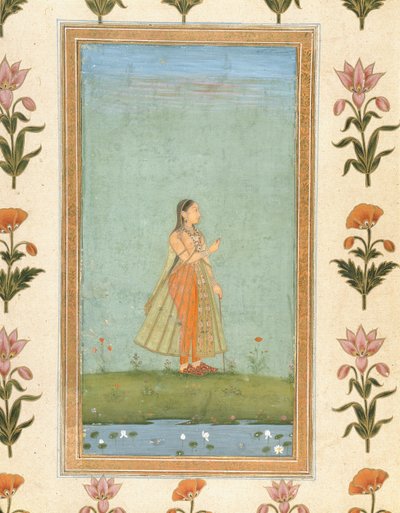 Dama sosteniendo una flor, de pie junto a un estanque de lirios, del Pequeño Álbum Clive de Mughal School
