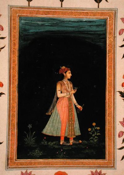 Dama sosteniendo una jarra de vino y un vaso por la noche, del Pequeño Álbum Clive de Mughal School