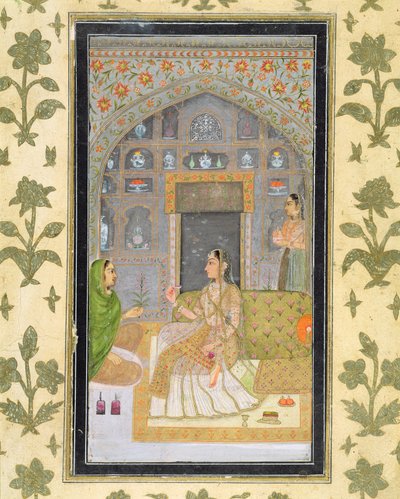 Dama sentada en un pabellón con asistentes, del Pequeño Álbum Clive de Mughal School