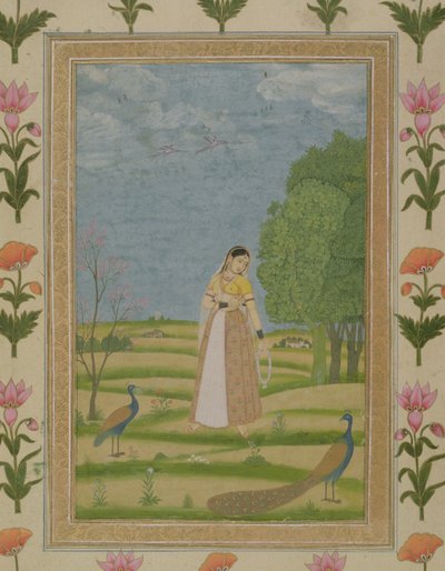 Dama con pavos reales, del Pequeño Álbum Clive de Mughal School