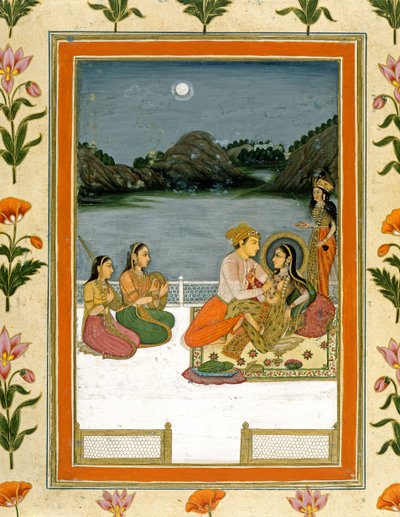 Amantes en una terraza junto a un lago iluminado por la luna, del Pequeño Álbum Clive de Mughal School