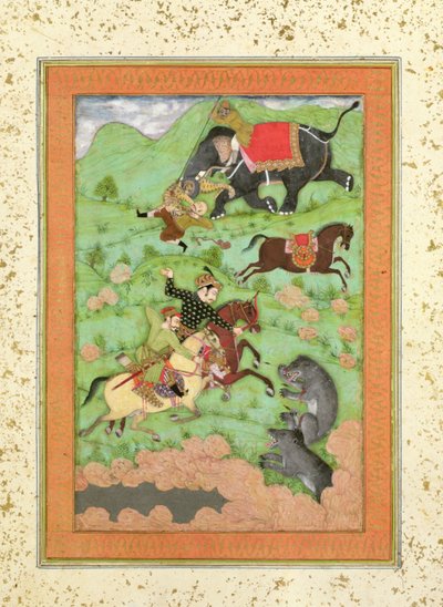 Príncipes rajput cazando osos; un mahout y su elefante rescatan a un jinete caído de un tigre, del Gran Álbum Clive de Mughal School