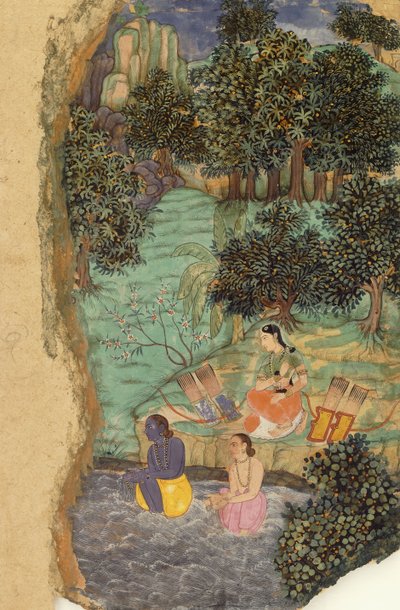 Rama y Lakshmana ofreciendo agua a su padre muerto en las orillas del río Mandakini, c.1595 de Mughal School