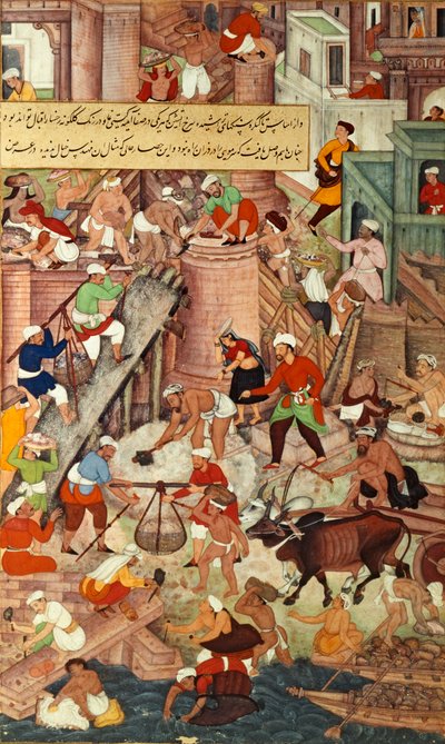 El Fuerte Rojo de Agra durante su construcción, del "Akbarnama", Mughal de Mughal School