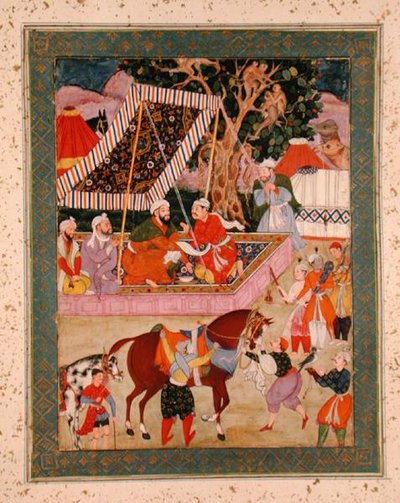 Escena durante una expedición de cetrería, del Gran Álbum Clive, c.1570 de Mughal School