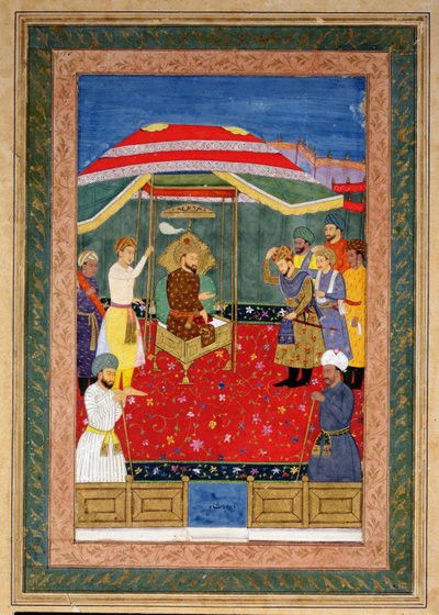 El emperador mogol Babur (1526-1530) sentado en un trono recibiendo a un príncipe, Johnson Album I, n.º 3 numerado 65 de Mughal School