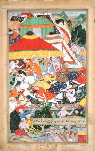 La herida de Kilan Khan por un Rajiput durante su marcha a Gujarat en 1573, del "Akbarnama" realizado por Abu
