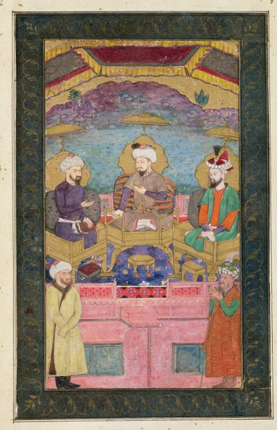 Timur (1336-1405), Babur (1483-1530, r.1526-30) y Humayan (1508-56, r.1530-56) entronizados juntos, del Gran Álbum Clive, de un original del siglo XVII de Mughal School