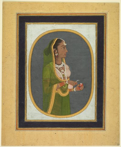 Dama de la corte sirviendo vino, c. 1760; bordes c. 1830 (acuarela opaca, tinta y oro sobre papel) de Muhammad Riza i Hindi