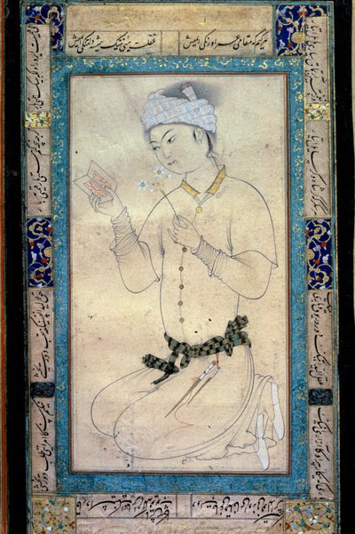 Un joven con libros y narcisos. Miniatura persa en gouache de Muhammad Shaykh de Muhammad Shaykh