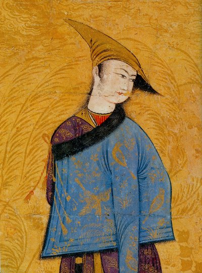 Joven con un abrigo corto forrado de piel sobre el hombro, 1640s de Muhammad Yusuf