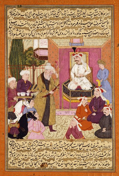 Shah Abbas en ruta entre Sherwan y Azerbaiyán, recibiendo a Sher Shah, c. 1688 de Muin Musavvir