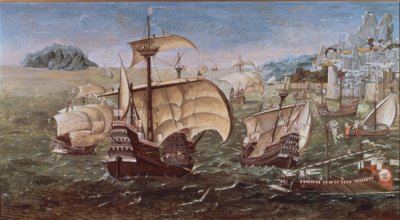Embarcaciones portuguesas en una costa rocosa – siglo XVI – copia del original del Museo de Greenwich de Munday John