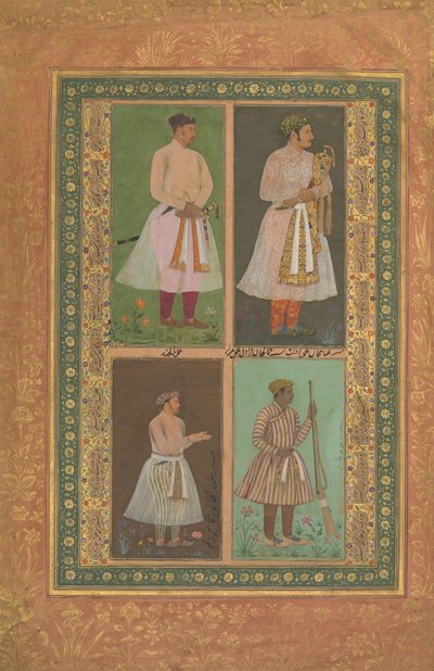 Cuatro retratos: arriba a la izquierda un Raja, quizás Raja Sarang Rao, por Balchand de Murad